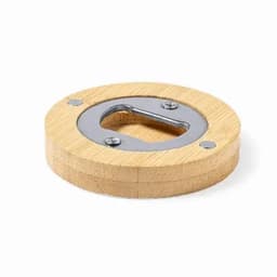 A bamboo drink coaster with a metal handle, featuring a circular design and a smooth finish.