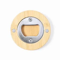A bottle opener made of stainless steel with a bamboo base, featuring a circular design and metal fasteners.