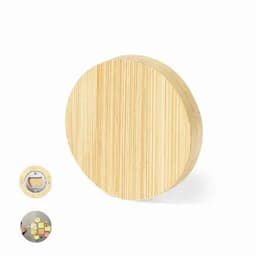 A round bamboo board with a smooth surface, featuring a small cut-out section for storage.