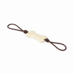 A dog chew toy shaped like a bone, featuring a cream-colored centre with brown rope handles on each end.