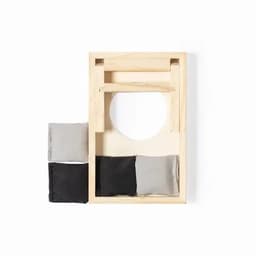 A wooden frame with a circular cutout, featuring grey and black fabric cushions attached.