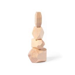 A wooden stacking toy featuring four geometric shapes in natural wood finish, arranged in a balanced tower.