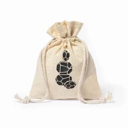 A drawstring bag made of natural fabric featuring a black geometric pattern, secured with a rope closure.