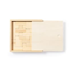 A wooden puzzle set contained in a light-coloured box, featuring various geometric shapes arranged inside.