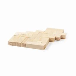 A wooden puzzle featuring interlocking pieces in light timber. The design has various shapes and angles.