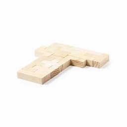 A wooden puzzle piece shaped like a letter 'T' with a natural finish. It has an interlocking design.