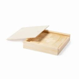 A wooden box with a hinged lid, featuring a flat base and a compartmentalised interior.