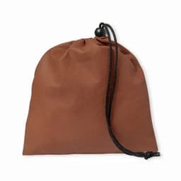 A brown drawstring bag made of a smooth material, featuring a black cord closure.