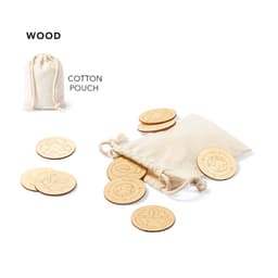 A cotton pouch containing wooden discs, each featuring engraved designs, displayed alongside the pouch.
