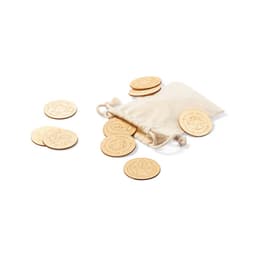 A set of wooden coins scattered next to a small canvas bag. The coins feature various engraved designs.
