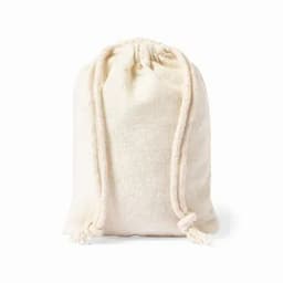 A drawstring bag in natural, light beige fabric with two rope ties at the opening.