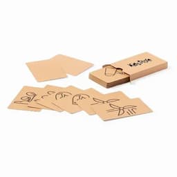 A set of cards with simple drawings, packaged in a box, featuring a logo. Cards are a light brown colour.