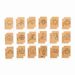 A collection of eco-themed cards in brown, featuring illustrations related to nature, recycling, and sustainability.
