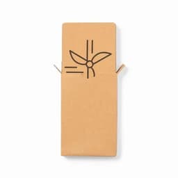 A brown cardboard box with a simple propeller design, featuring a cut-out section.