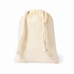 A drawstring pouch made of natural fabric, featuring a light cream colour and a cinched top.