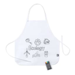 A white apron featuring various ecological illustrations and a set of coloured fabric markers.