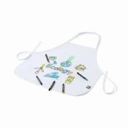 A white apron featuring ecological designs with colourful markers attached around the edges.