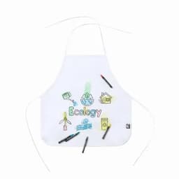 An eco-friendly white apron featuring colourful drawings related to ecology, surrounded by six vibrant markers.