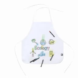 An ecology-themed white apron featuring colourful drawings and six fabric markers for customisation.