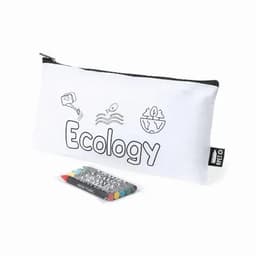 A white pencil case with an ecology theme, accompanied by a set of colourful markers. It features a zip closure and logo.