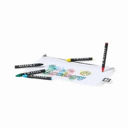 A pencil case featuring a white design with colourful illustrations, surrounded by various markers and crayons.
