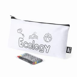 A pencil case in white featuring ecology-themed illustrations, accompanied by non-toxic coloured pencils.