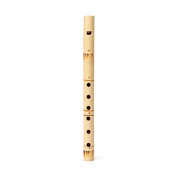 A wooden flute with six finger holes, featuring a natural finish and a smooth surface, standing upright.