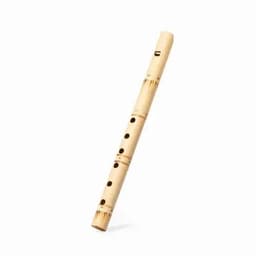 A wooden flute with a light colour, featuring several finger holes and decorative markings.