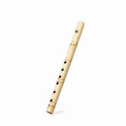 A wooden flute with a natural finish, featuring several finger holes and decorative markings.