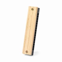 A harmonica with a wooden exterior and black metal reeds, featuring two visible screws.