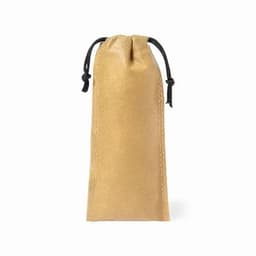 A small gold drawstring pouch made of textured material, featuring a black cord closure.