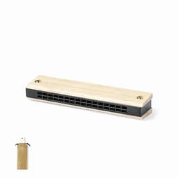 A harmonica with a wooden and black design, featuring multiple holes for playing, and a simple, sleek style.