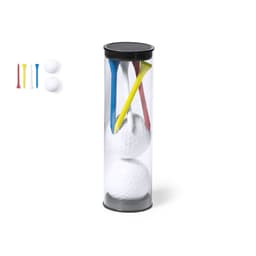 A transparent cylindrical container holds two white golf balls and four golf tees in red, yellow, blue, and white.