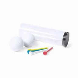 A drink bottle with a black lid, alongside two golf balls and three golf tees in blue, yellow, and red.