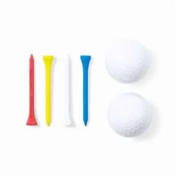 A set of four golf tees in red, yellow, white, and blue, alongside two white golf balls.