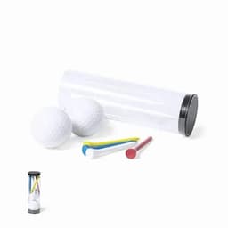 A golf accessory set featuring white golf balls, a black cylindrical holder, and multi-coloured tees.