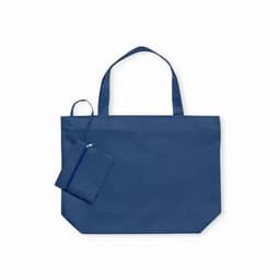 A blue tote bag with two handles and a smaller pouch attached. The bag has a simple design and features a logo.