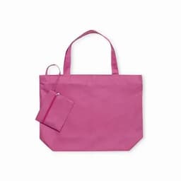 A pink tote bag with two handles, accompanied by a small zippered pouch in the same colour.