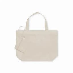 A tote bag in a light beige colour with two handles and a small attached pouch. It features a logo.