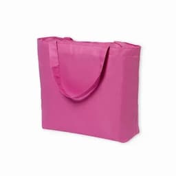 A drink bottle in bright pink with sturdy handles, featuring a simple, solid design and a logo.