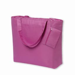 A pink tote bag with two handles and a small zippered pouch attached to the front.