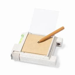 A compact notepad holder in white, featuring a clear cover and a wooden pencil beside a square notepad.