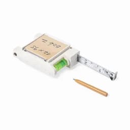 A measuring tape with a level, featuring a retractable metal measuring strip and a pencil for marking.