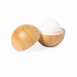 A product featuring a half-oval bamboo container with a white lid. The container has a smooth, natural finish.