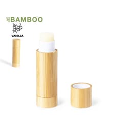 A drink bottle made of bamboo with a beige cap, featuring a logo and a vanilla scent.