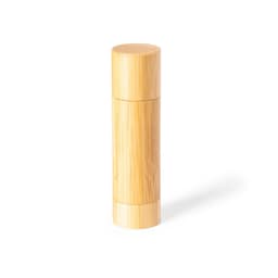 A drink bottle made of bamboo, featuring a cylindrical shape and a natural wood finish. It includes a logo.