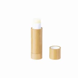 A drink bottle with a bamboo exterior, featuring a removable cap and a cylindrical design.