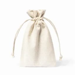 A drawstring bag in a natural beige colour, made from fabric with a textured appearance. It features a gathered top.