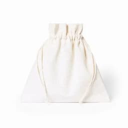 A cotton drawstring pouch in off-white, featuring a gathered top with ties. Suitable for carrying small items.