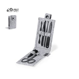 A felt tool kit in grey, featuring various tools including scissors, a knife, and a file, with a button closure.